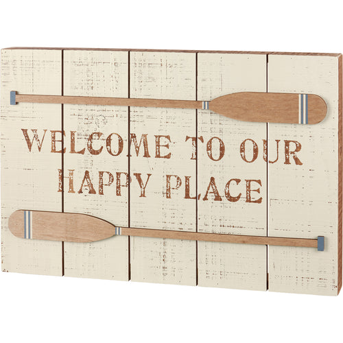 Welcome Our Happy Place Slat Box Sign