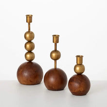 Load image into Gallery viewer, Gold &amp; Wood Orb Taper Candle Holders