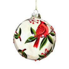 Load image into Gallery viewer, Cardinal Christmas Foliage White Glass Ball Ornament