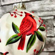 Load image into Gallery viewer, Cardinal Christmas Foliage White Glass Ball Ornament