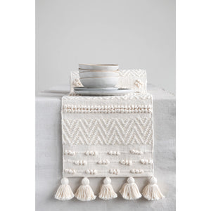 Cream Table Runner with Pom Poms and Tassels