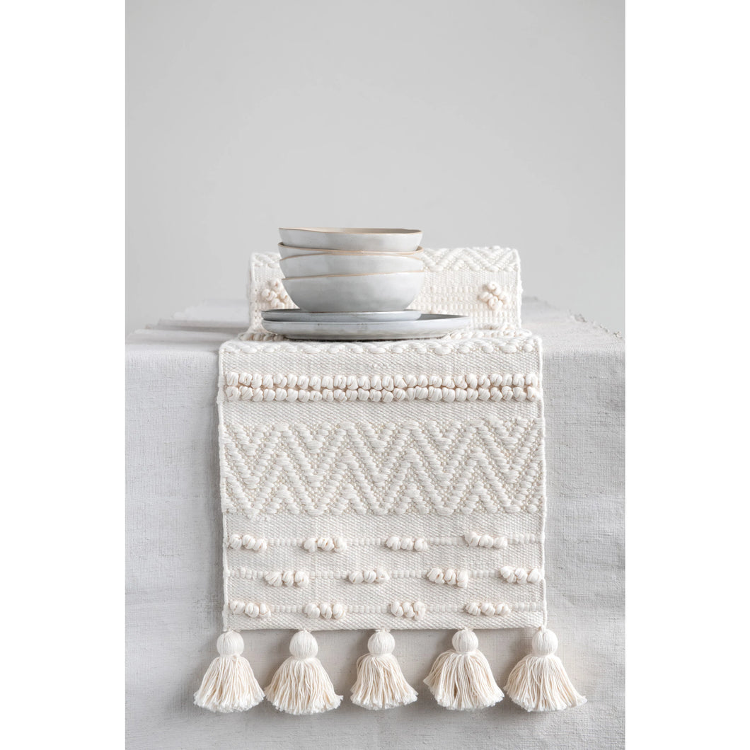 Cream Table Runner with Pom Poms and Tassels