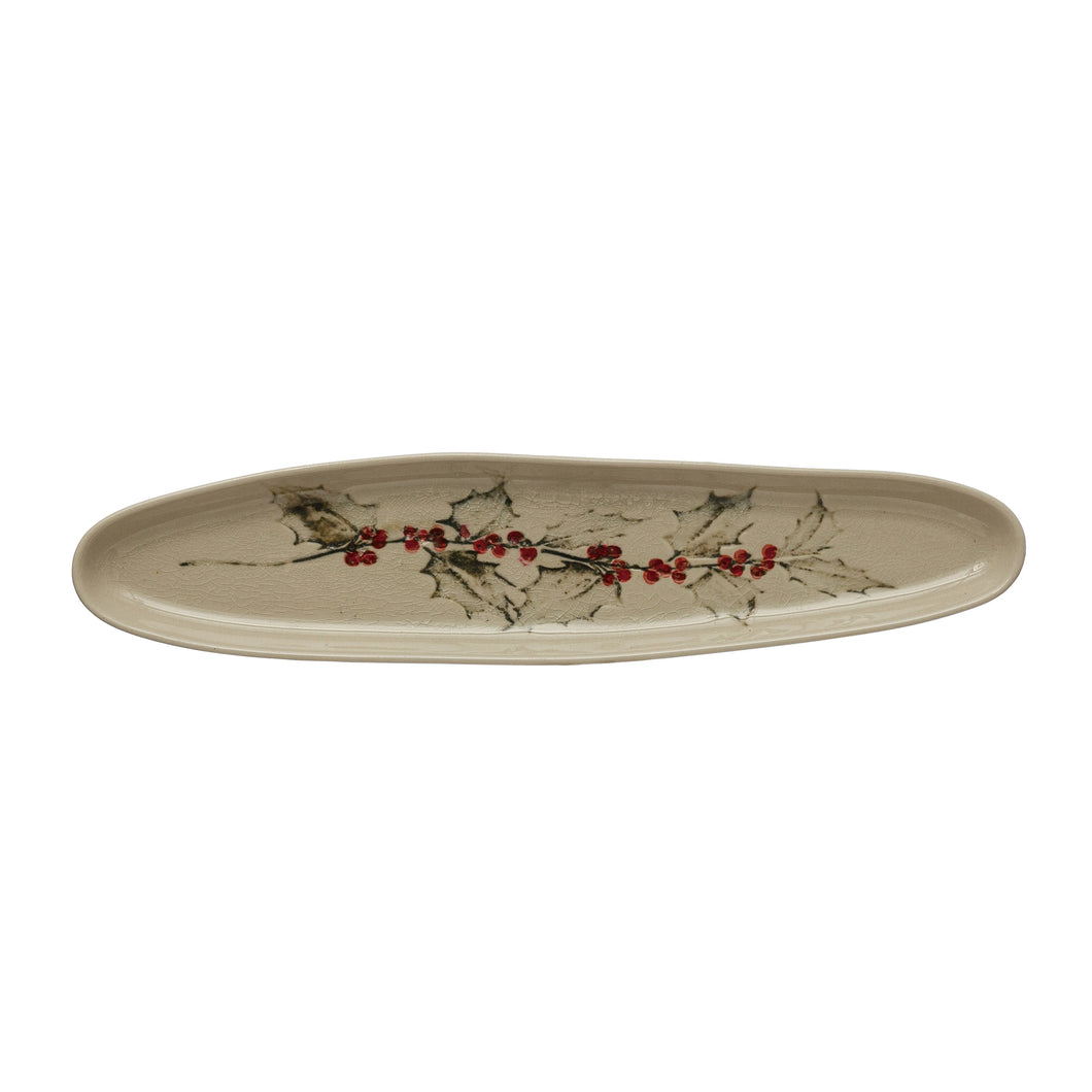 Oval Debossed Stoneware Tray with Holly, Reactive Crackle Glaze