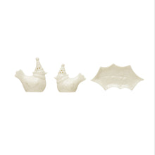 Load image into Gallery viewer, Stoneware Bird Salt and Pepper Shakers on Leaf Plate