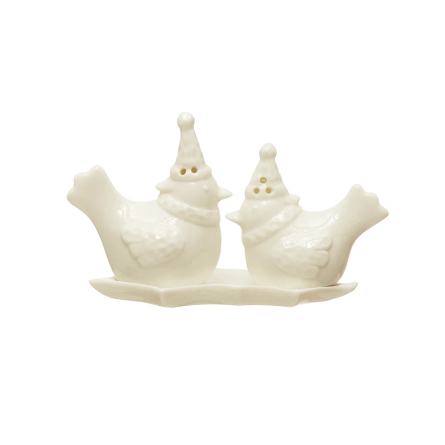 Stoneware Bird Salt and Pepper Shakers on Leaf Plate