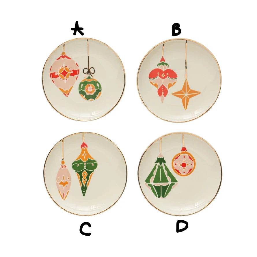 Round Stoneware Plate w/ Ornaments & Gold Electroplating