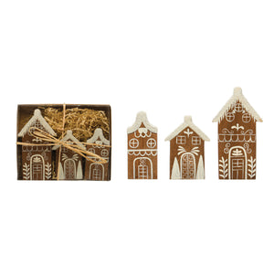 Boxed Set of 3 Hand-Painted Pine Wood Houses w/ Faux Snow
