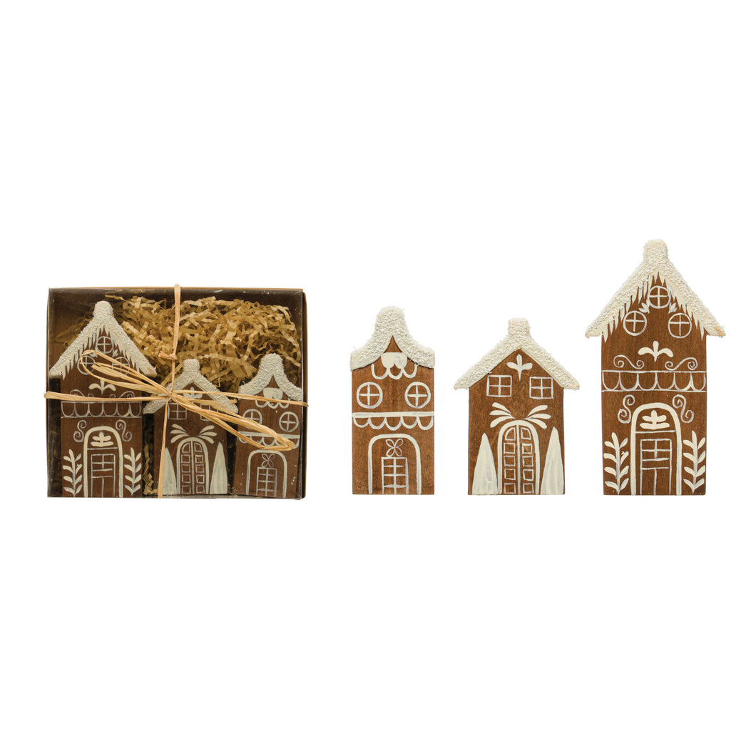 Boxed Set of 3 Hand-Painted Pine Wood Houses w/ Faux Snow
