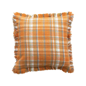 18" Woven Cotton Flannel Pillow with Fringe, Multi Color Plaid