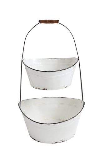 2-Tier Bucket, White Distressed Enamel