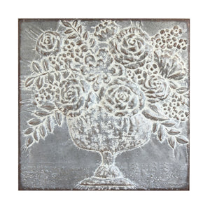 Square Metal Wall Decor w/ Embossed Floral Bouquet