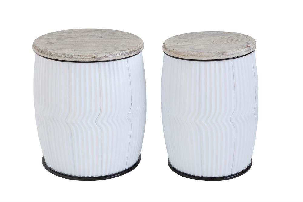 Round Wood & Metal Side Tables, Black & White Small
