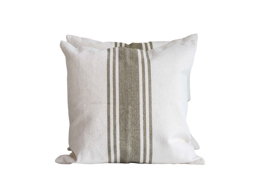 Square Cotton Canvas Pillow w/ Stripes, Olive Color