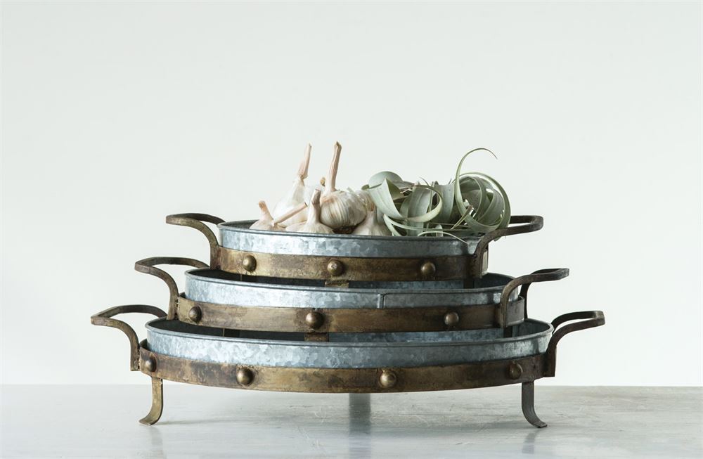 Decorative Galvanized Metal Tray Pedestals w/ Handles Small