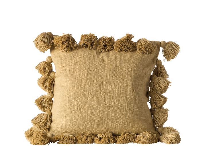 Square Cotton Pillow w/ Tassels, Mustard
