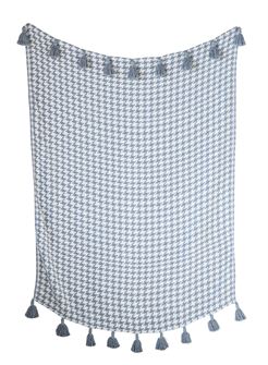 Cotton Woven Houndstooth Throw w/ Tassels, Grey & Cream