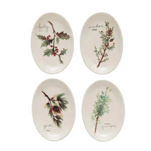 Stoneware Dish with Holiday Sprig, 4 Styles