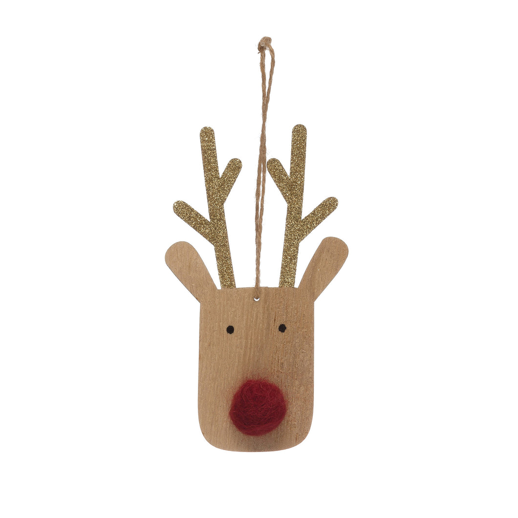 Wood Deer Ornament with Pom Pom Nose and Antlers