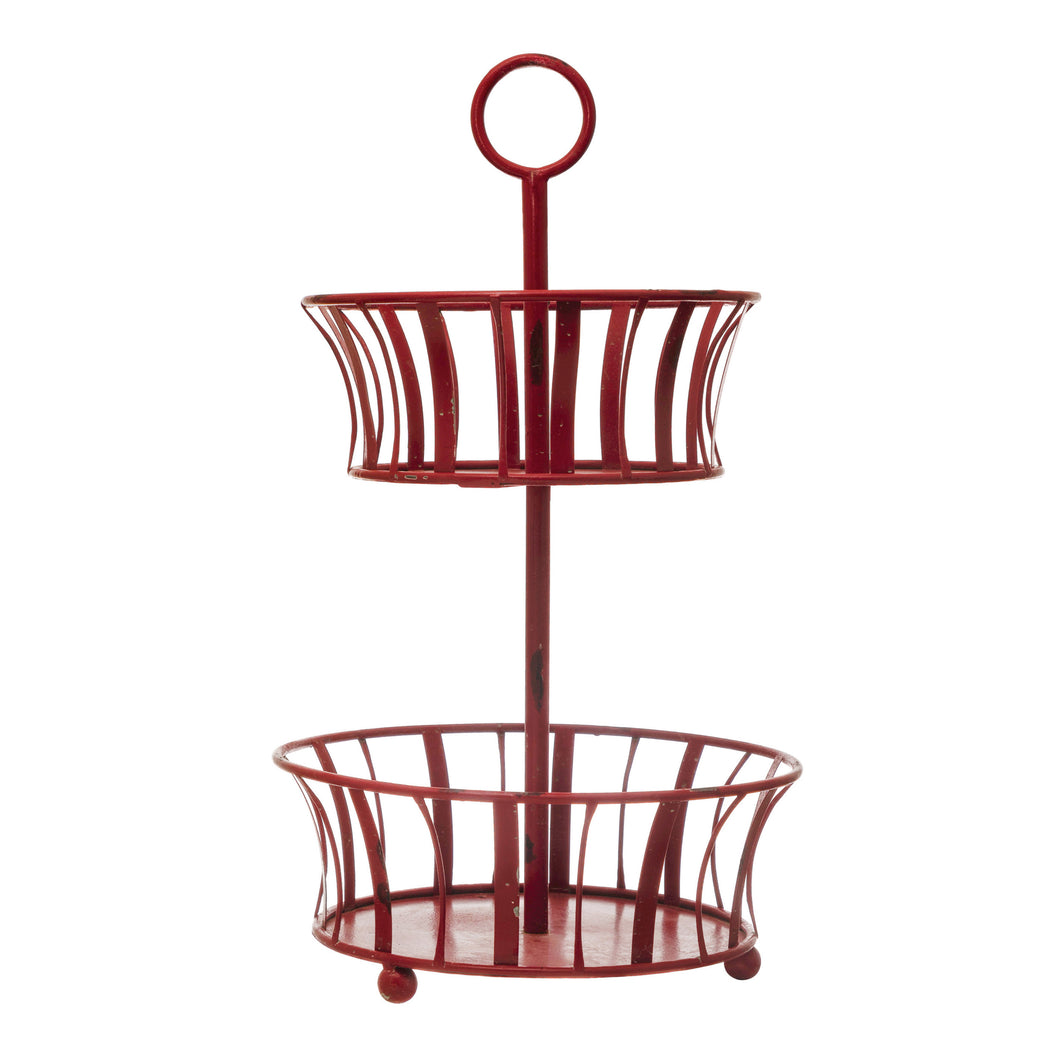 Distressed Decorative Red Metal 2-Tier Basket