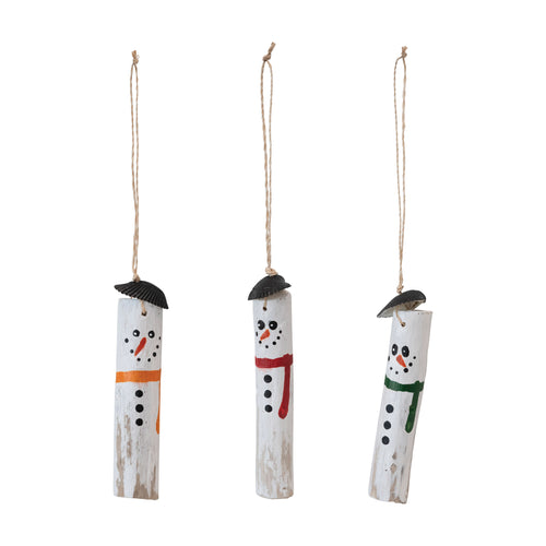 Hand-Painted Driftwood Snowman Ornament with Shell Hat