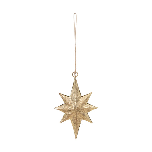 Embossed Metal Two-Sided Star Ornament, Antique Brass Finish