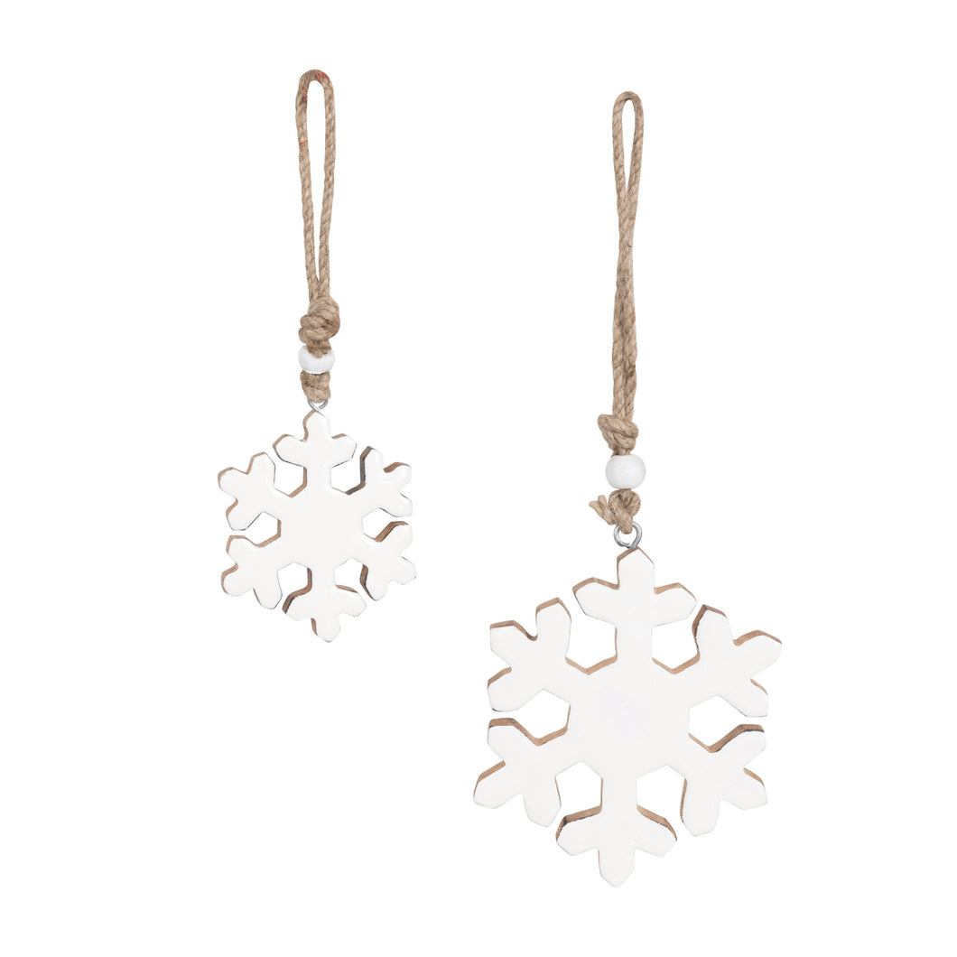 Enameled Mango Wood Snowflake Ornaments with Wood Beads