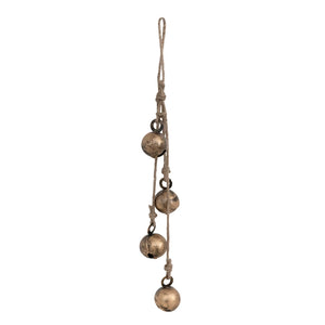 11-1/2"H Hanging Metal Jingle Bells with Jute Rope, Antique Brass Finish