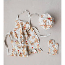 Load image into Gallery viewer, Cotton Child Apron with Gingerbread Print, Chef Hat and Hot Mitt, Set of 3