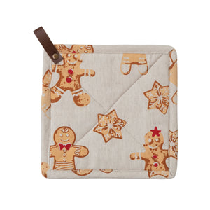 8" Square Cotton Pot Holder with Gingerbread Print and Leather Loop