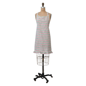 Woven Cotton Striped Apron with Ruffle, Green & Red