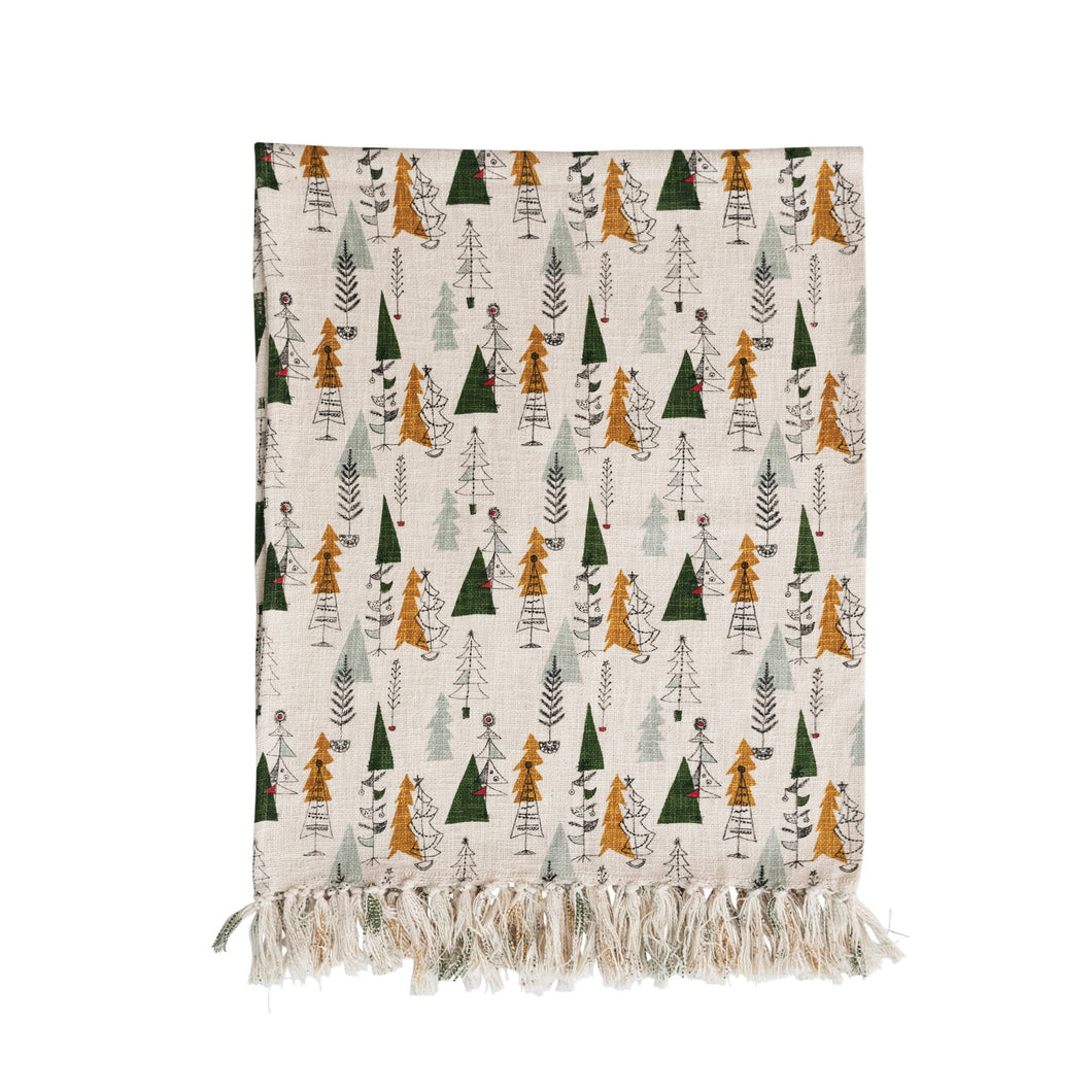Throw with Christmas Tree Pattern and Fringe, Mustard Trees