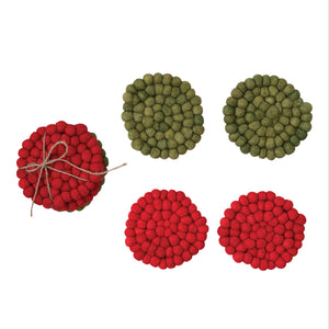 4" Round Handmade Wool Felt Ball Coasters, Red and Green, Set of 4