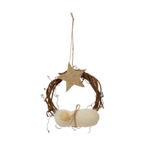 Wicker and Wool Felt Wreath Ornament with Baby and Star