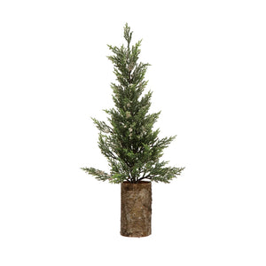 Faux Cypress Tree in Birch Bark Pot, Snow Finish