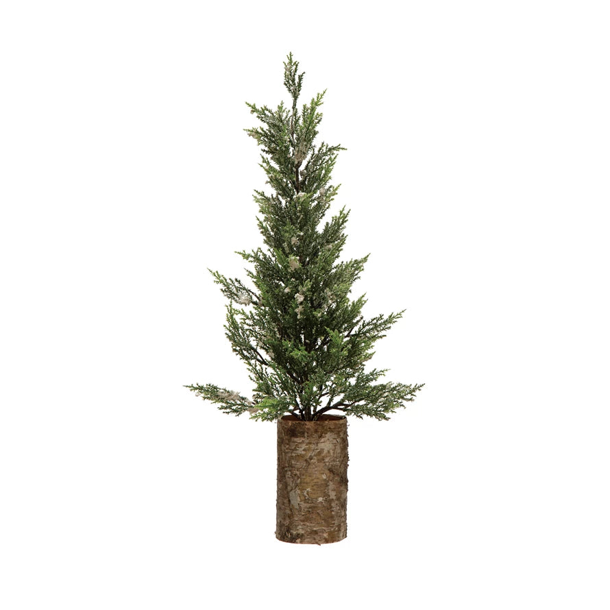 Faux Cypress Tree in Birch Bark Pot, Snow Finish