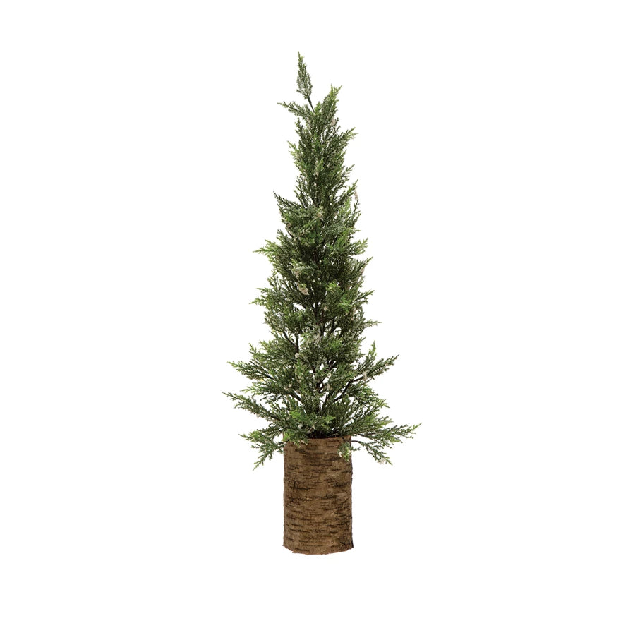 Faux Cypress Tree in Birch Bark Pot, Snow Finish