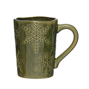 Green Stoneware Mug with Snowflakes